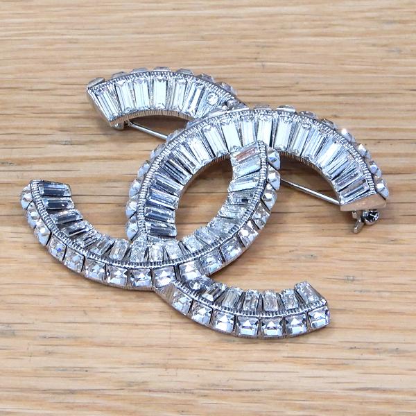 シャネル 三日月 ブローチ ココマーク ラインストーン シルバー×ブルー