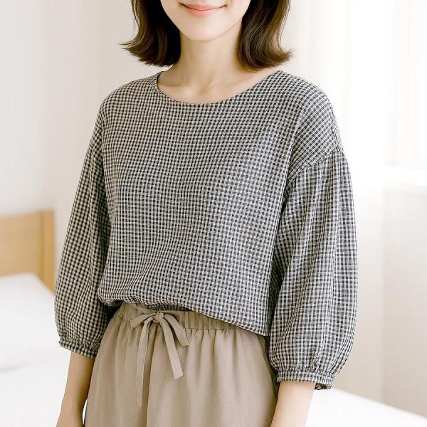 数量限定 レディース ギンガム チェック柄 ブラウス シャツ 七分袖