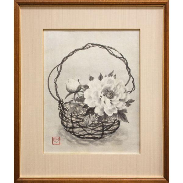 穐月 明 「 籠の牡丹 」 墨彩画 F6 (6号 ) 絵画 日本画 手書き 肉筆