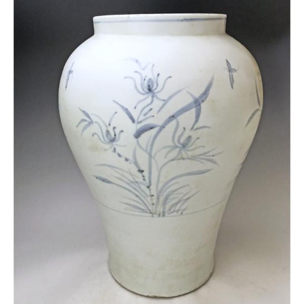 李朝 青花草花文壺 全高38cm 韓国 朝鮮 陶磁器 希少 花瓶 白磁 染付