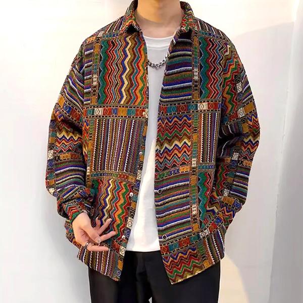 柄シャツ ジャカード 幾何柄 ブロック ジオメトリック ネイティブ柄