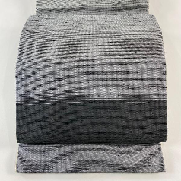 美品 袋帯 名品 紬地 縞模様 灰色 全通 正絹 中古 在庫一掃 : リユース