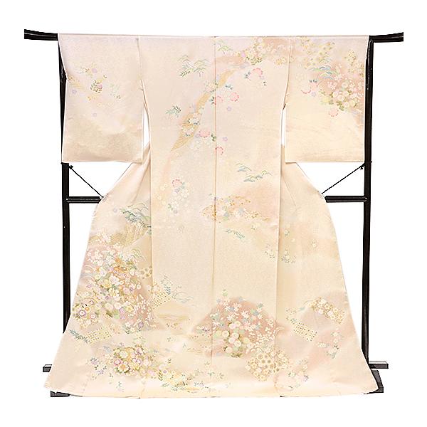 訪問着 吉澤友禅 十日町友禅 正絹 ピンクベージュ 貝桶 桜 菊 牡丹