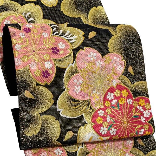 Prices down4）振袖 帯 「黒地 薄紅桜」 日本製 西陣織 証紙番号2409