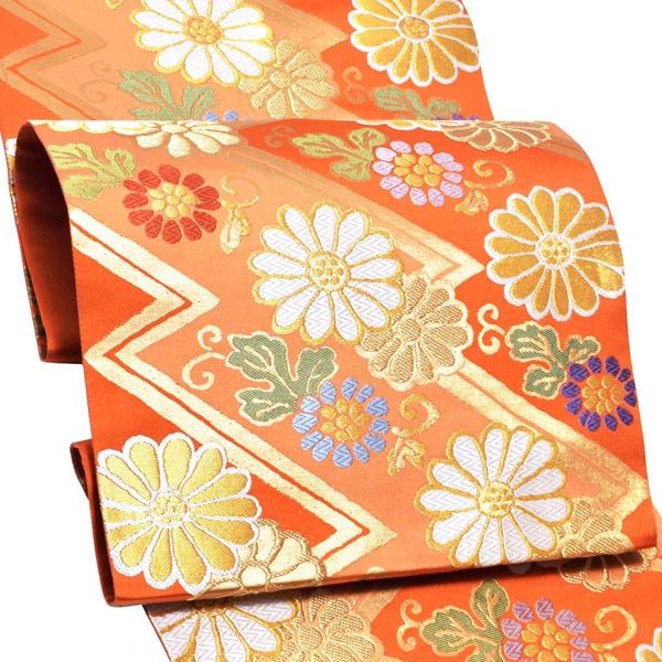 Prices down4）振袖 帯 振袖用袋帯「朱色地 山道文に菊」となみ織物