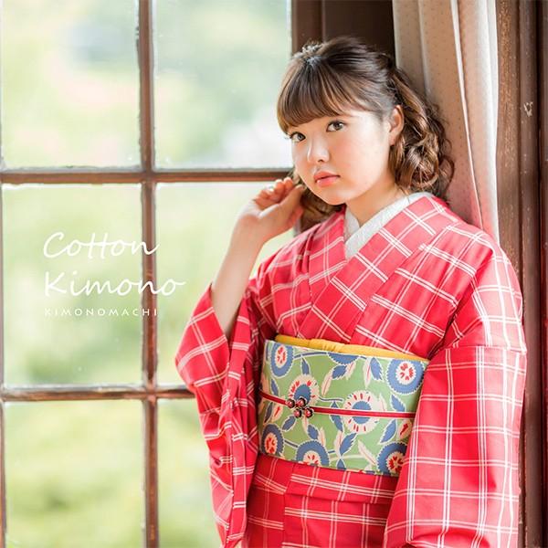 KIMONOMACHI 洗える着物 木綿着物 単品 「赤色×白色格子」 お仕立て