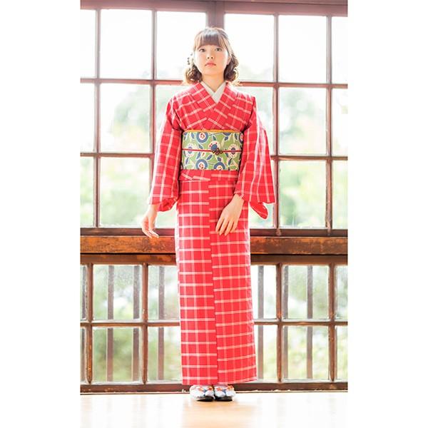 KIMONOMACHI 洗える着物 木綿着物 単品 「赤色×白色格子」 お仕立て