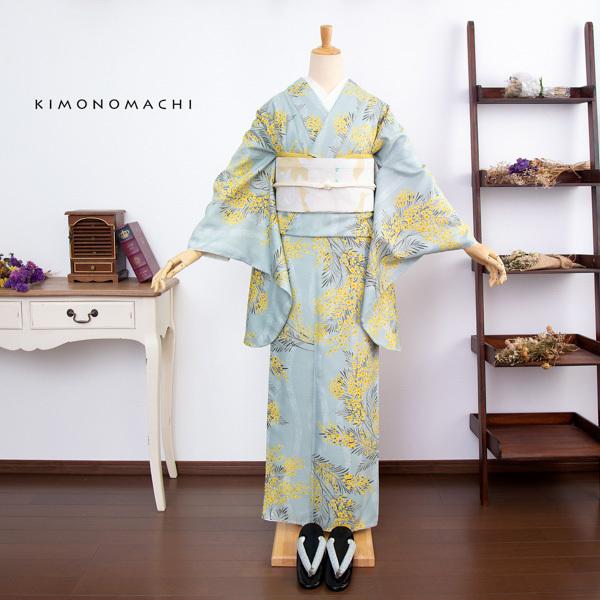 KIMONOMACHI 二尺袖着物 単品 「ミモザに立涌 錆青磁色」 KIMONOMACHI