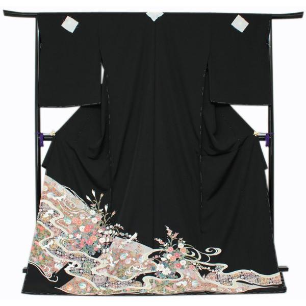 正絹黒留袖 未仕立て 仮絵羽 流水と鶴に四季の花柄 礼装 黒留め袖 新品