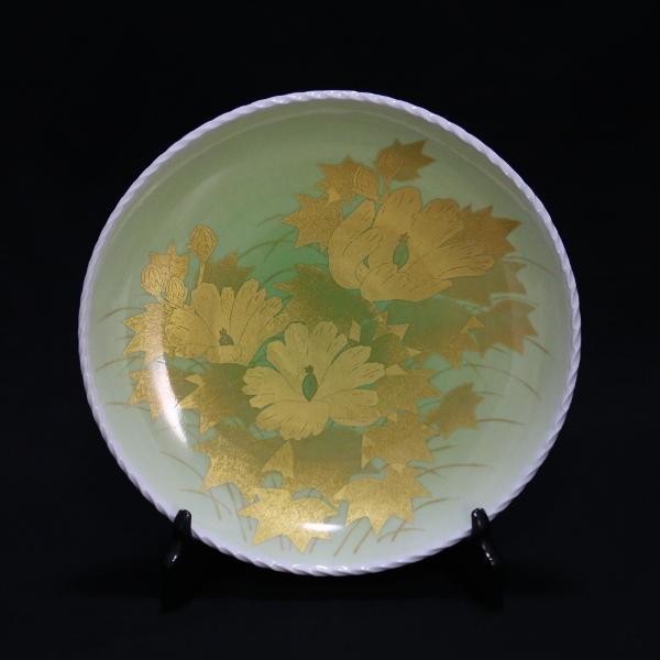 九谷焼 吉田美統【人間国宝】九谷焼飾り皿 釉裏金彩芙蓉文（縄目