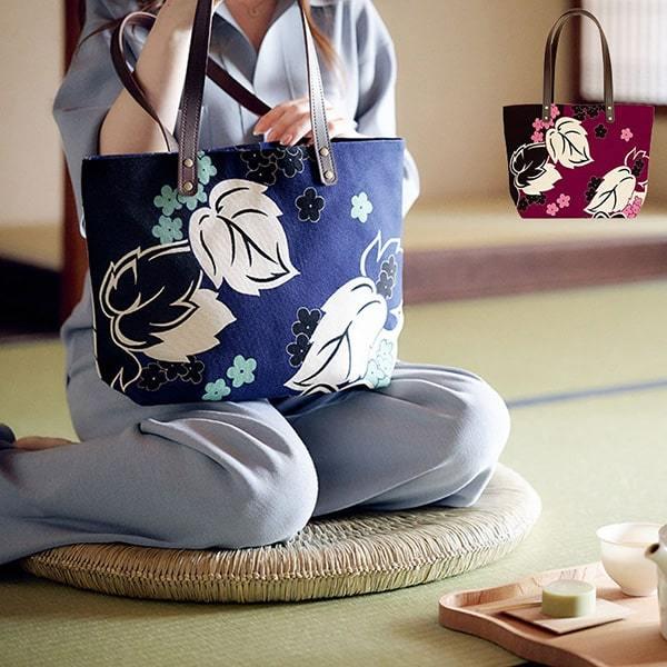 花柄和装用バッグ 紺色 大きめMidori Obi Arts花柄和装用バッグ 紺色