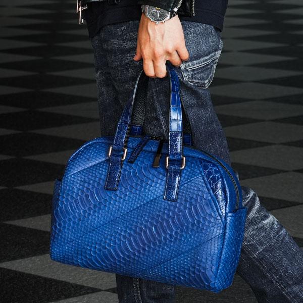 弾丸出張ボストンバッグ 蛇革バッグ パイソンバッグ 藍染め 青 出張用