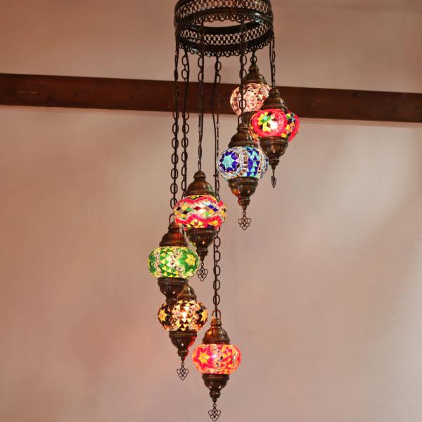 トルコランプ モザイクランプ シャンデリア 7灯 螺旋 全高126cm 直径