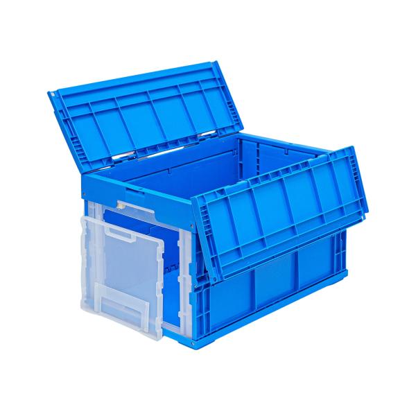 松本産業 折りたたみコンテナ フタ付き 50L 1面扉付き ブルー / クリア
