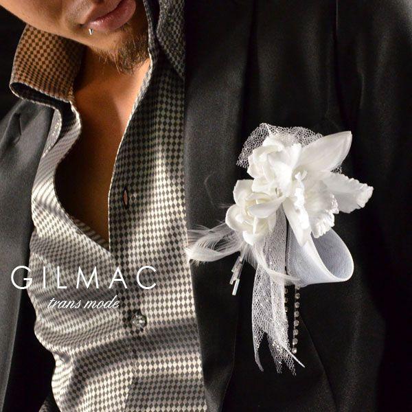 コサージュ カトレア 薔薇 フェザー 白レースリボン ブローチ 日本製