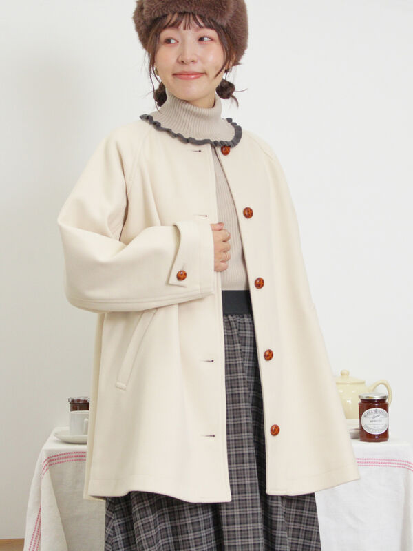 セール】 ウーリーライクミドル丈クルーネックコート（ブルー/アウター