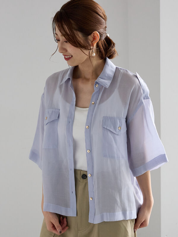 セール】 シアー半袖Wポケットシャツ（ブラック/モカ/サックスブルー