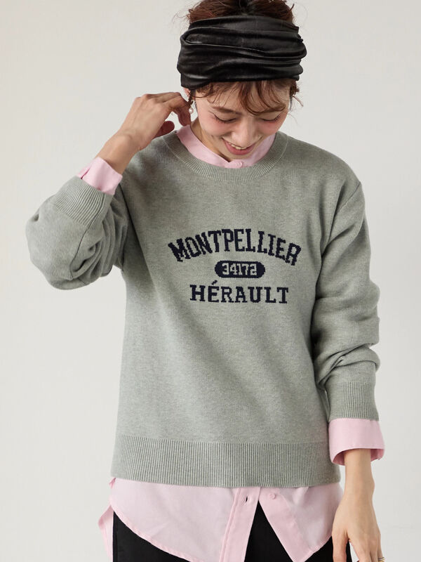 セール】 カレッジ風ロゴニットプルオーバー（オフホワイト/グレー