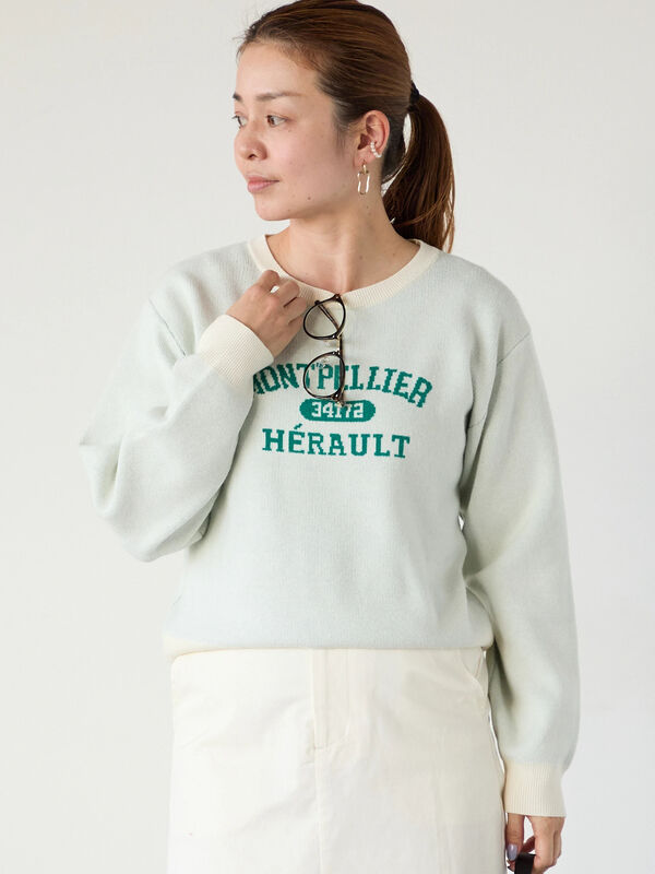 セール】 カレッジ風ロゴニットプルオーバー（オフホワイト/グレー