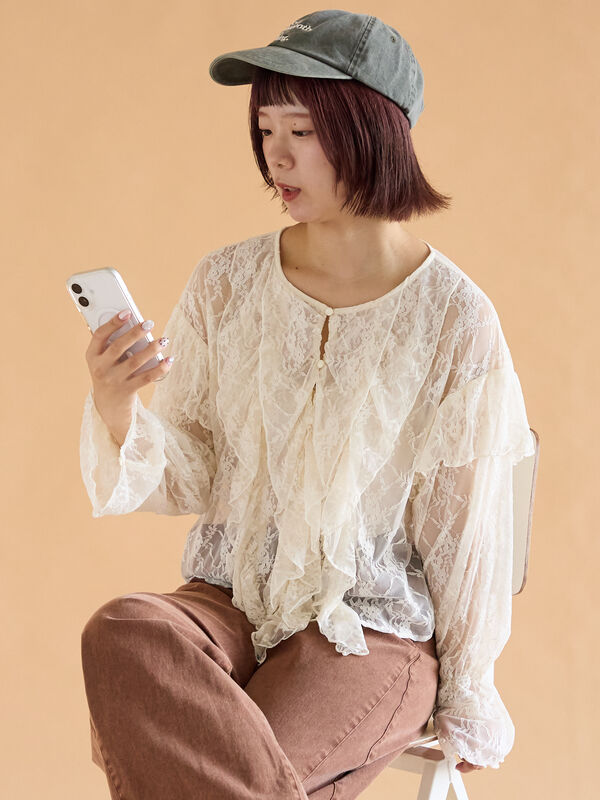 セール】 総レースフリルブラウス（オフホワイト/ブラック/キナリ