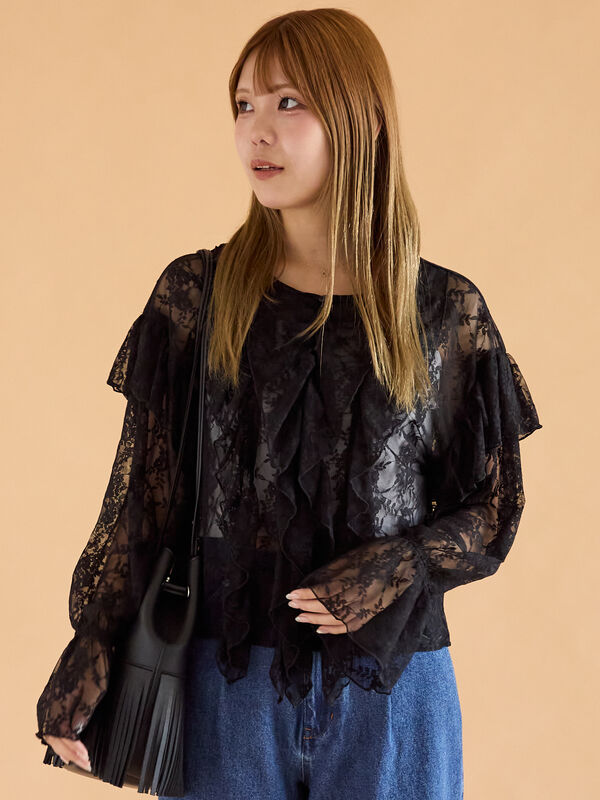 セール】 総レースフリルブラウス（オフホワイト/ブラック/キナリ