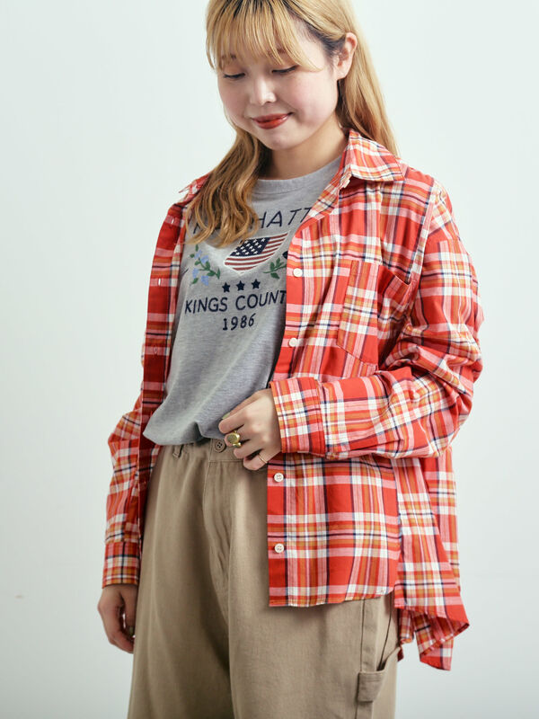セール】 刺繍入りチェックシャツ（レッド/ベージュ/イエロー/ブルー