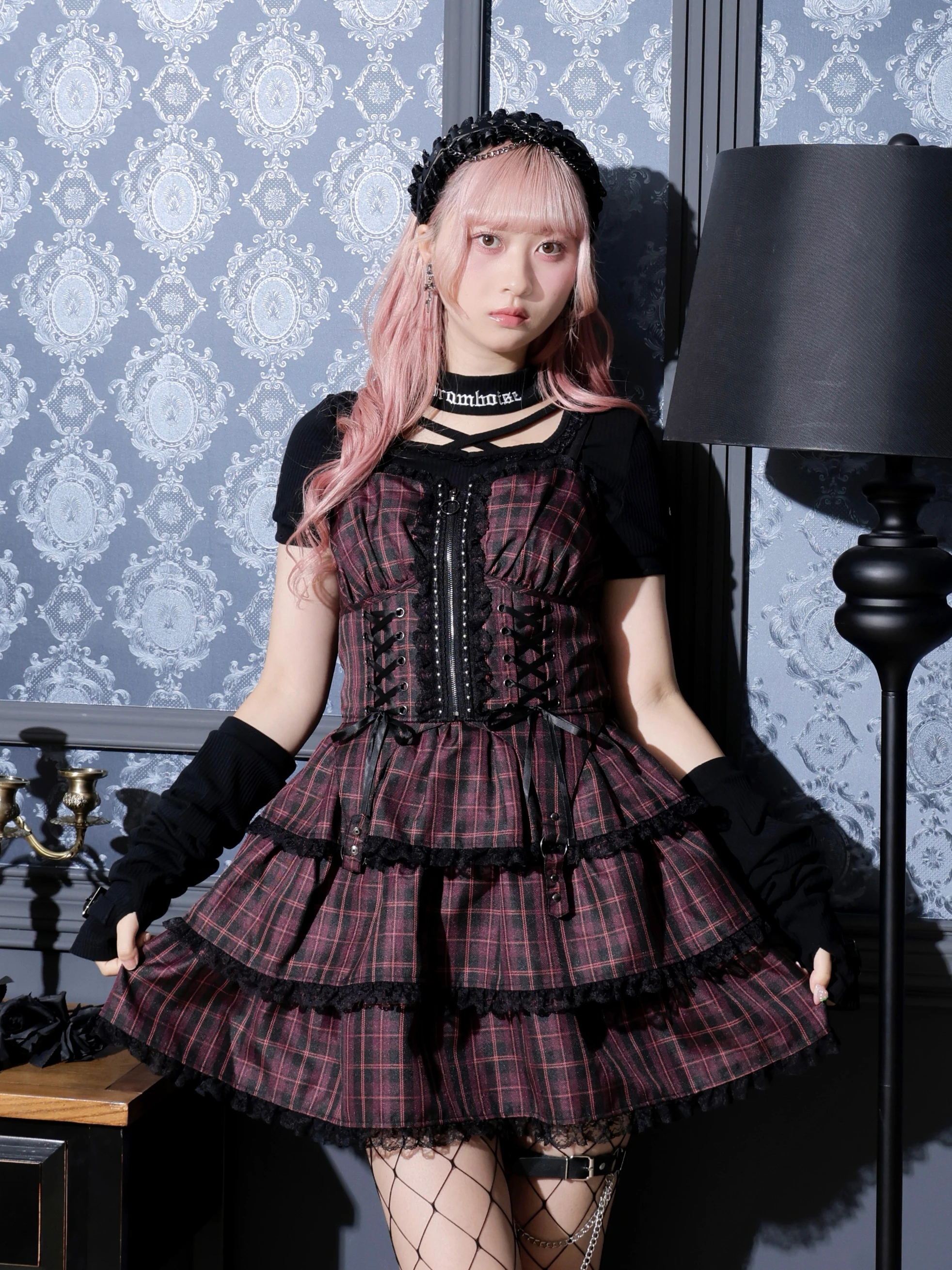 コルセットレースアップティアードキャミワンピース（ミニワンピース