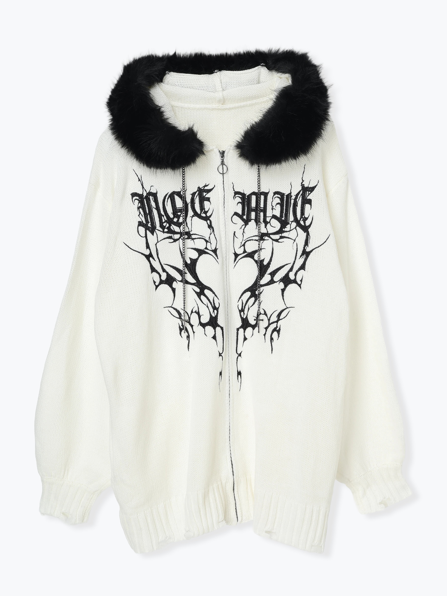 フードファーダメージユニセックスニットZIPパーカー（パーカー｜紫