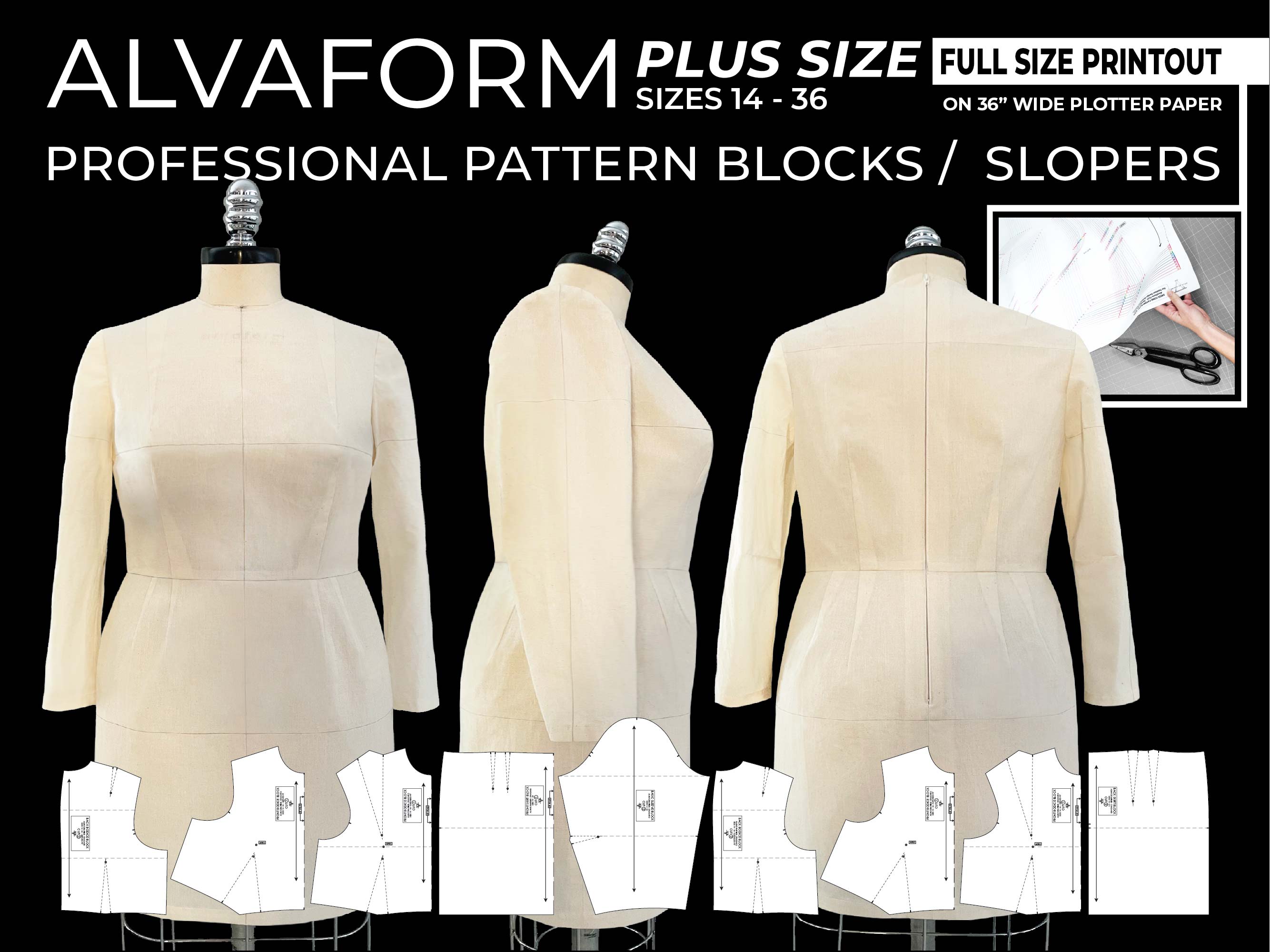 AlvaForm PLUS SIZE (Sizes 14-36) Basic Dress Pattern Blocks