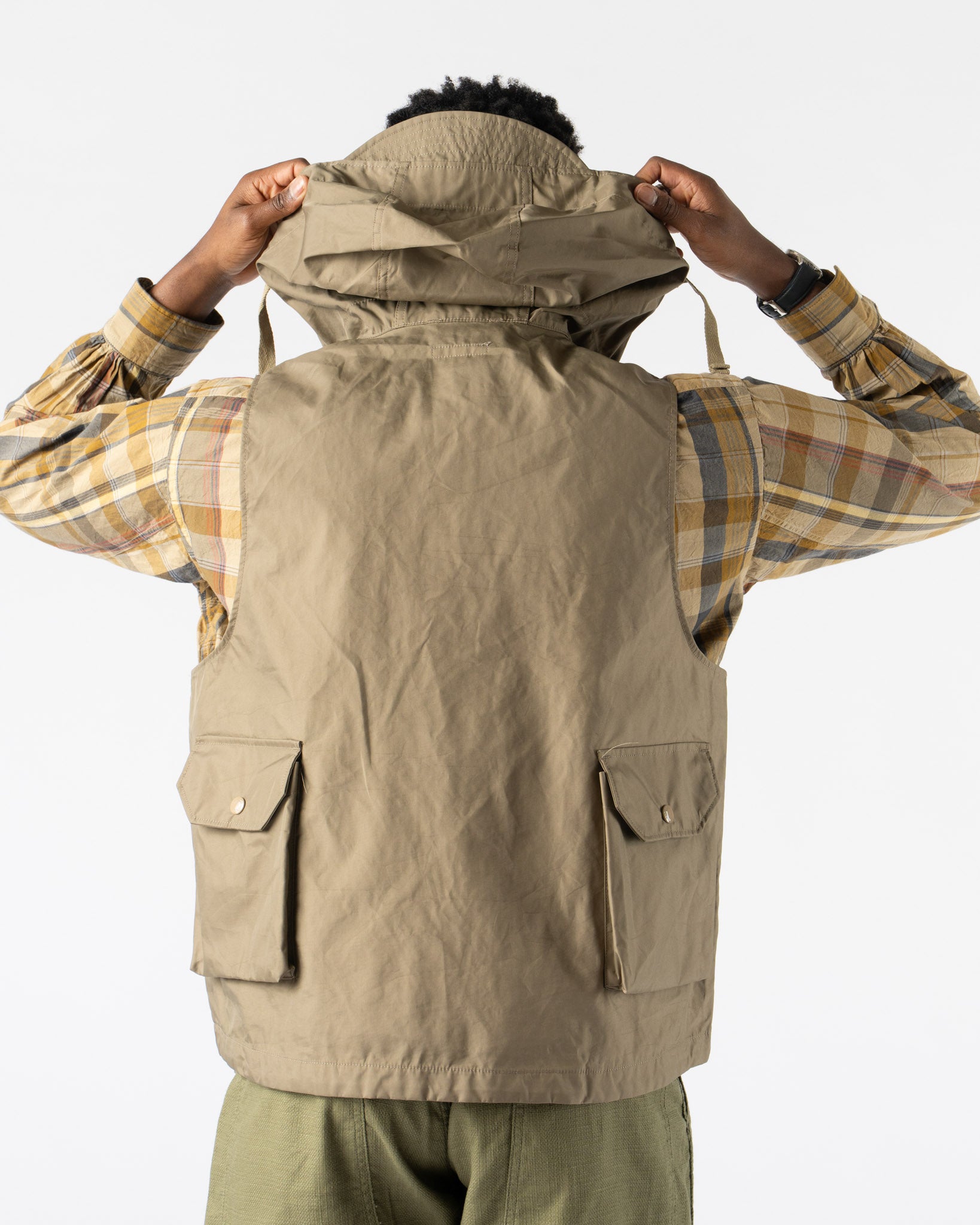 Engineered Garments Field Vest in Khaki 3 Layers Nyco Curated at