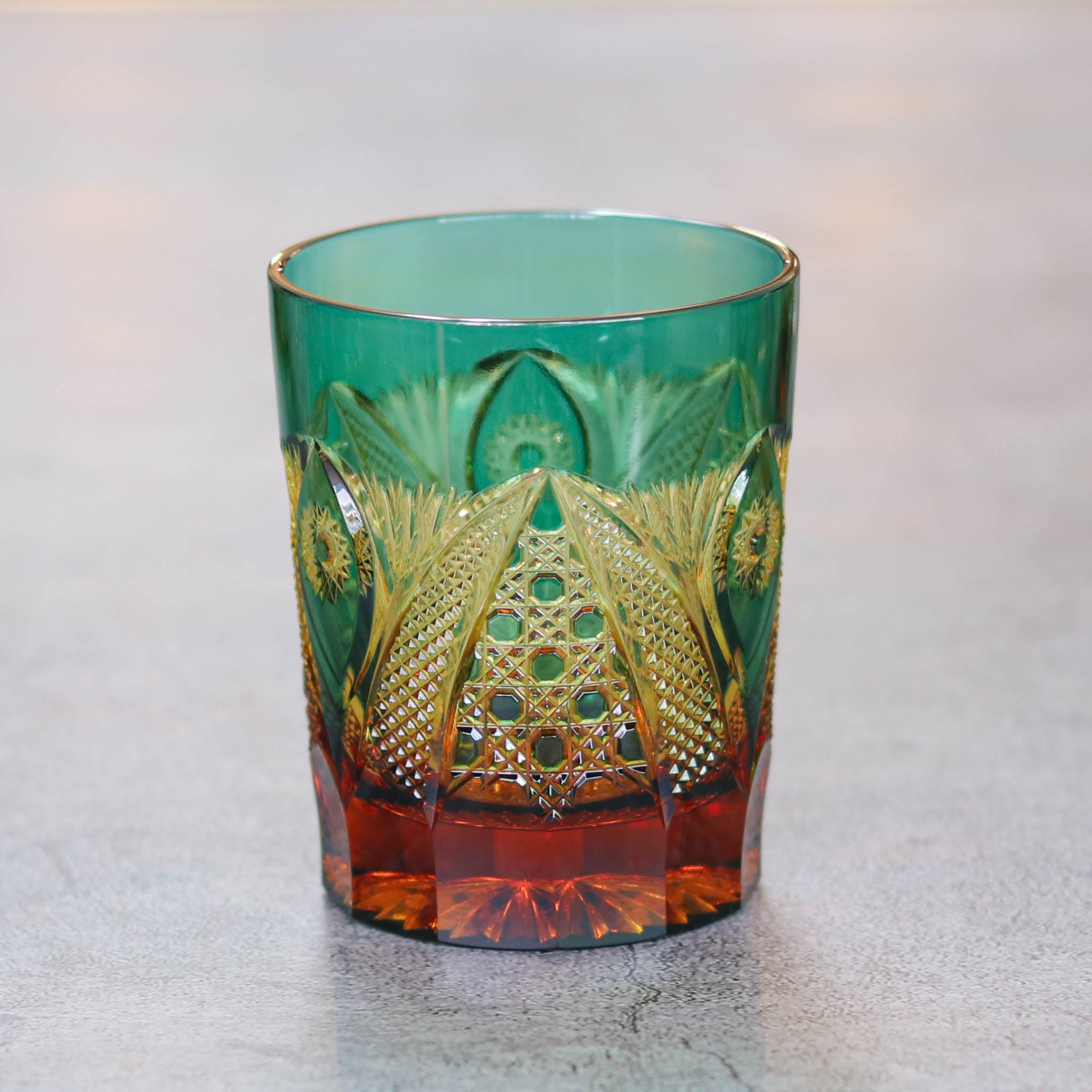 綾ガラス グラス | 綾切子 オールドファッション | 琥珀 グリーン