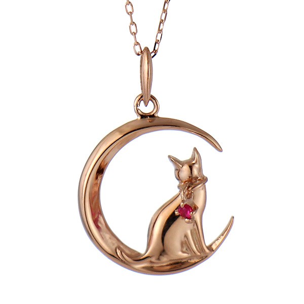 ピンクゴールド ルビー 猫 月モチーフ ネックレス | M101-04006107