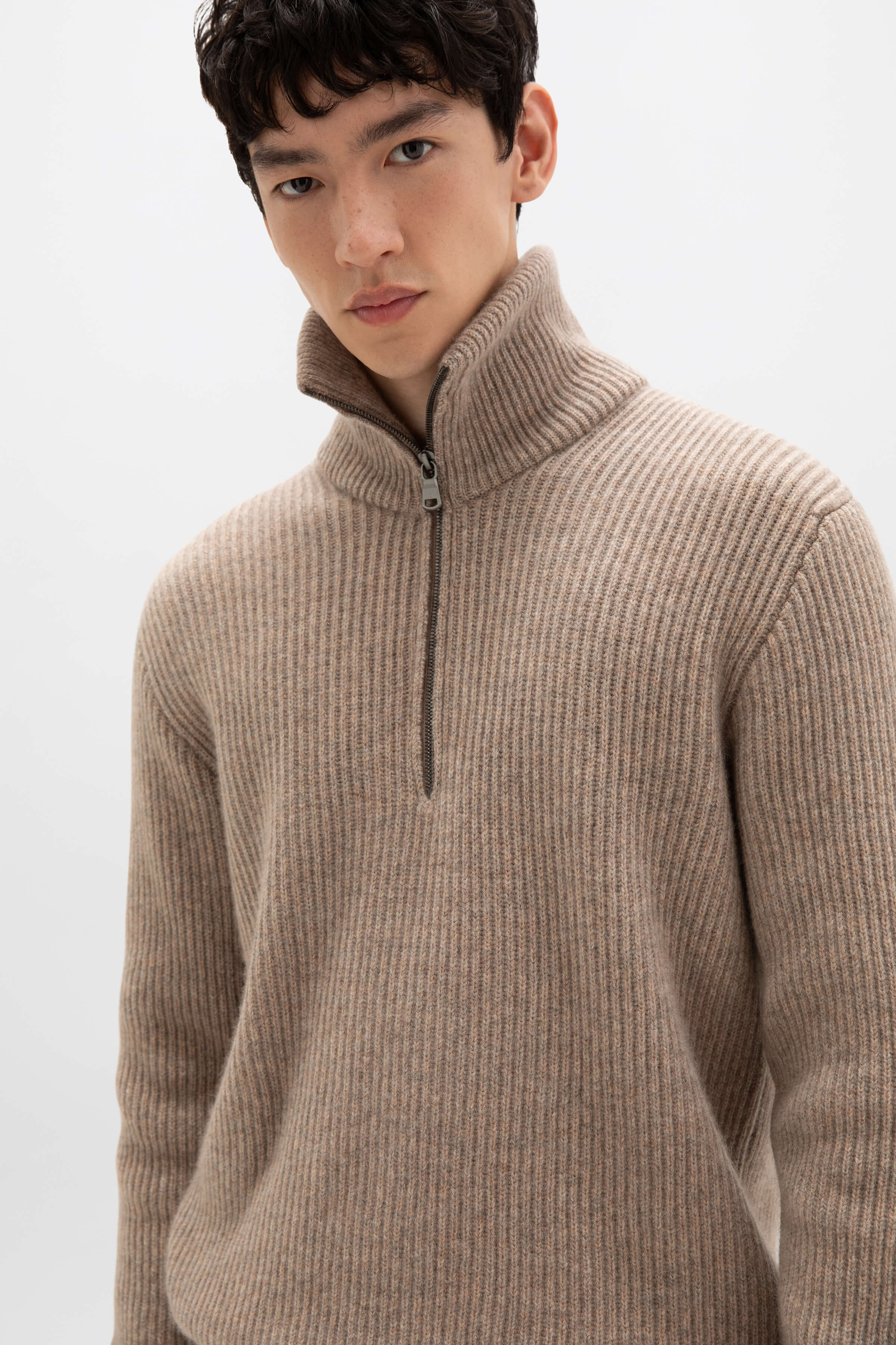Brown Ribbed Zip Turtle Neck Jumper | Men's Cashmere | Johnstons