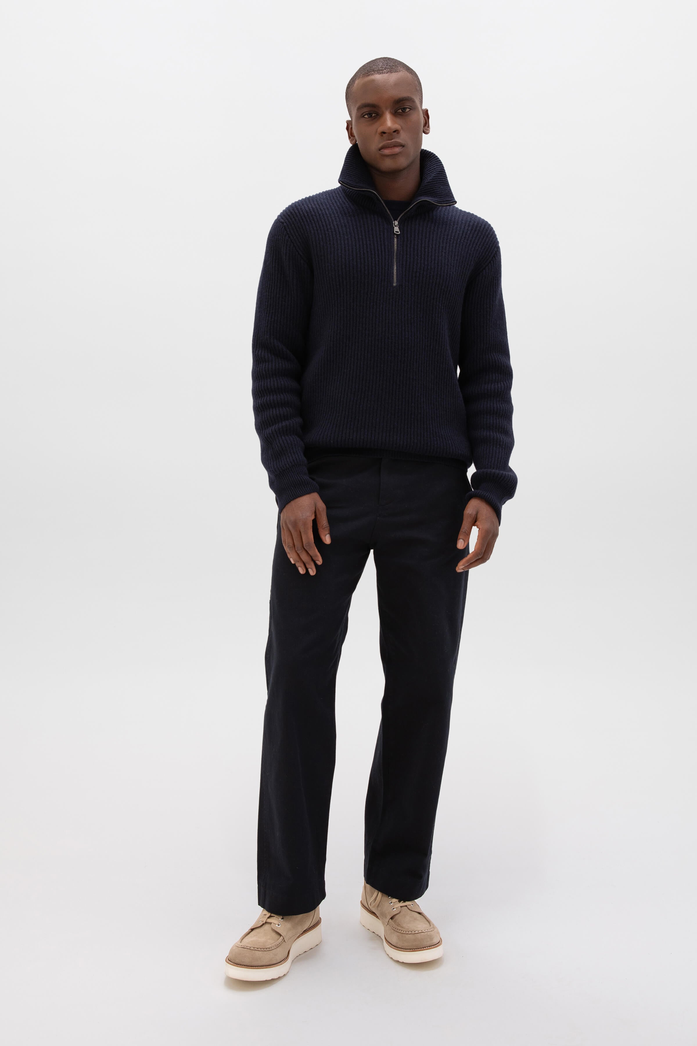 Dark Navy Ribbed Zip Turtle Neck Jumper | Men's Cashmere
