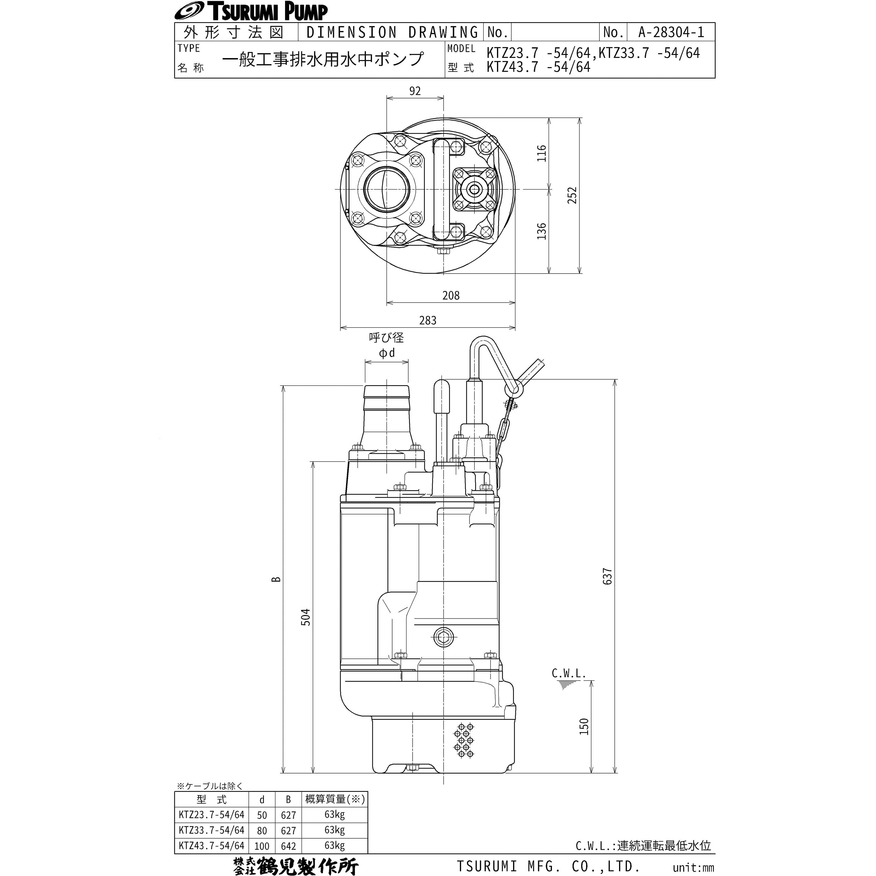 KTZ23.7 一般工事排水用水中ポンプ KTZ型 鶴見製作所 オープン 三相
