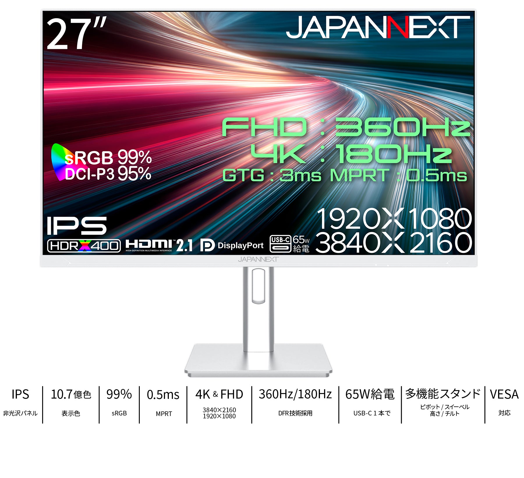 JAPANNEXT 27インチ IPSパネル搭載 DFR(4K:180Hz/フルHD:360Hz)対応 4K