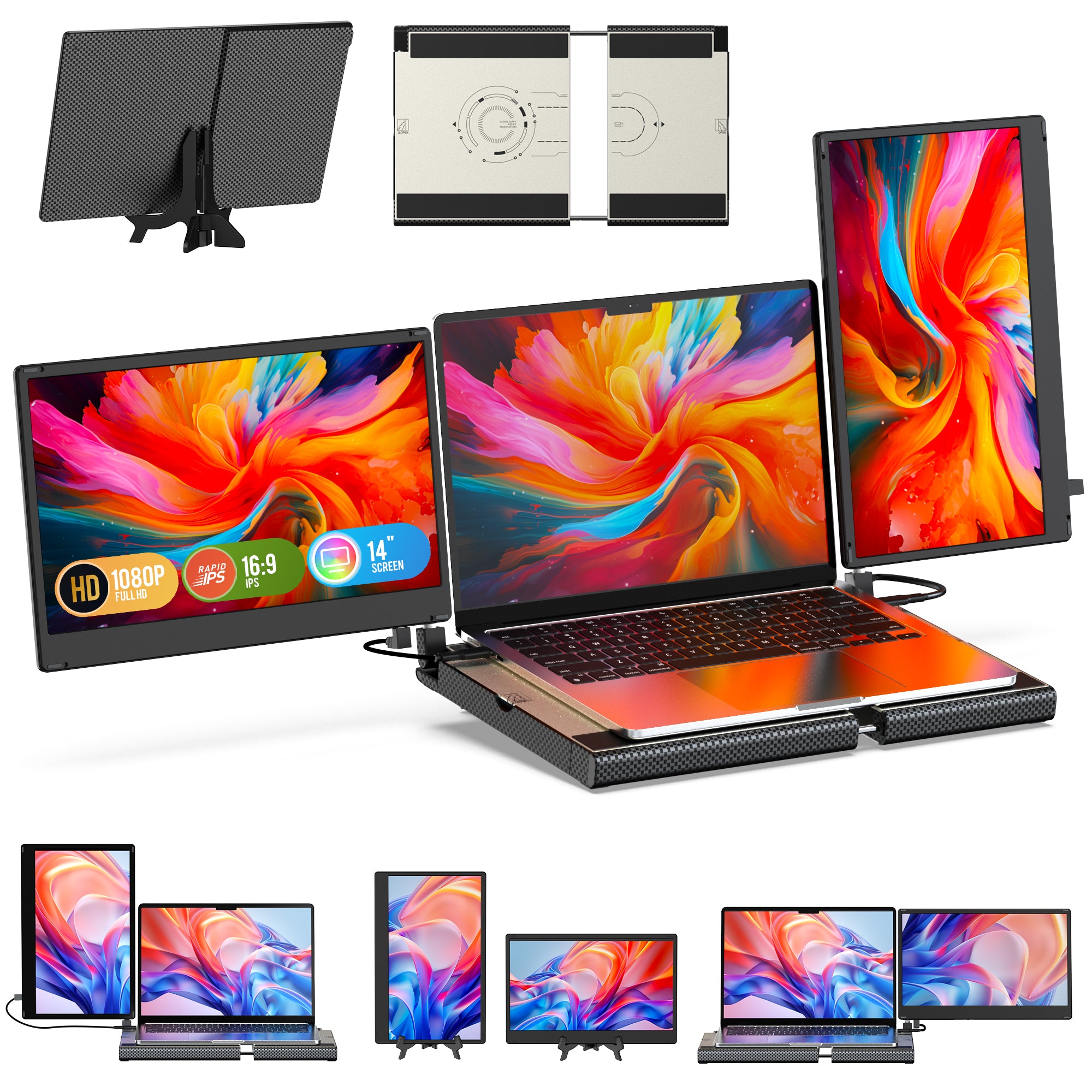 Kwumsy F3 360°回転トリプルポータブルラップトップモニター