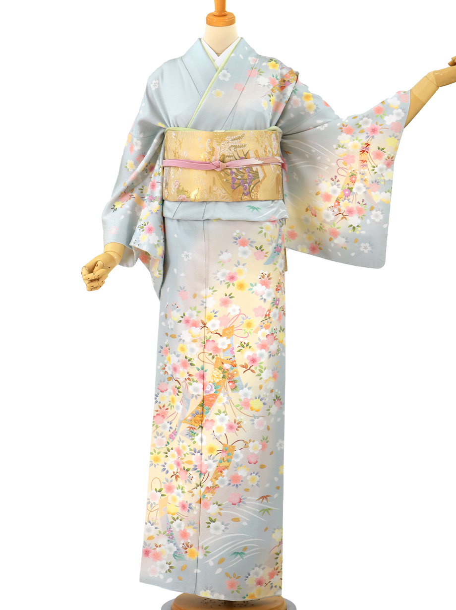 ブルーグレー地に桜と短冊の訪問着(袷) | 宅配着物レンタルの京都かし