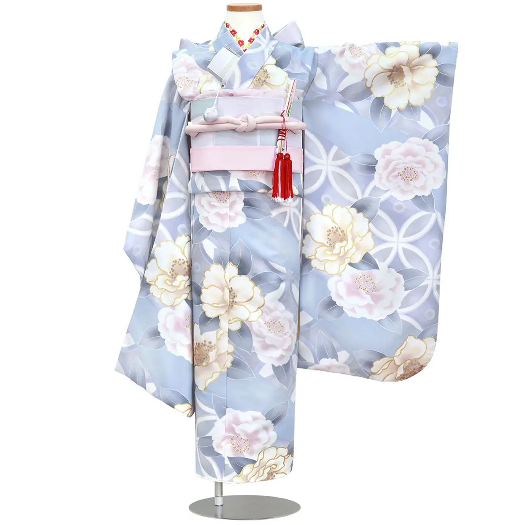 水色地にピンクと白椿の着物（ピンク）／七五三・七歳女の子 | 宅配