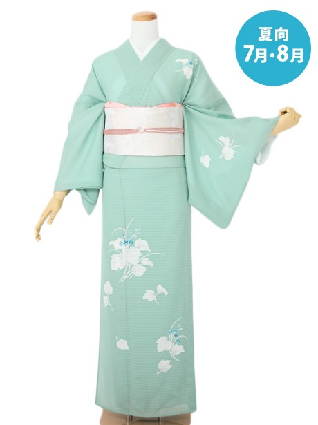 青磁色に草花の訪問着(絽) | 宅配着物レンタルの京都かしきもの