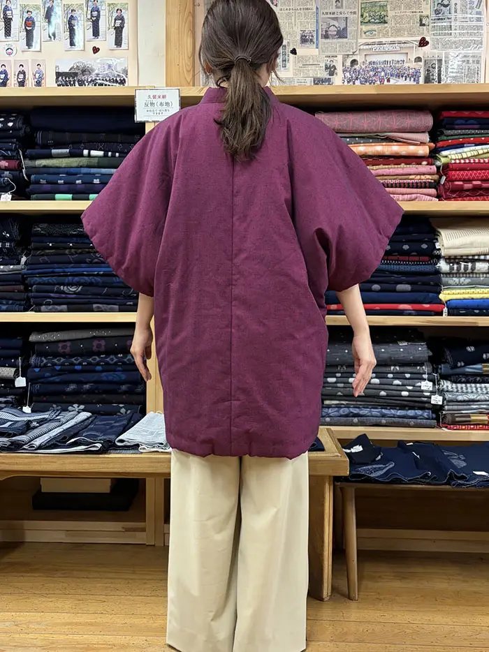 F1240】「藍暦」綿入れ袢天 半袖はんてん 日本製（ワイン色・青）男女