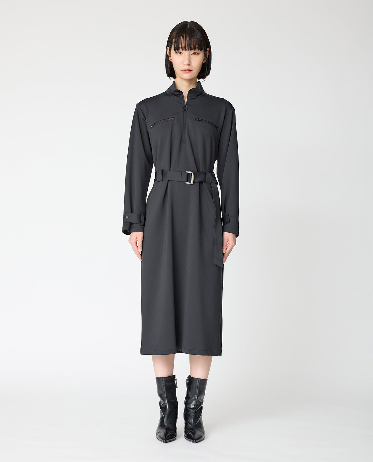 0202_D ダンボールニット ベルト付きZIP UPワンピース (ブラック) – K