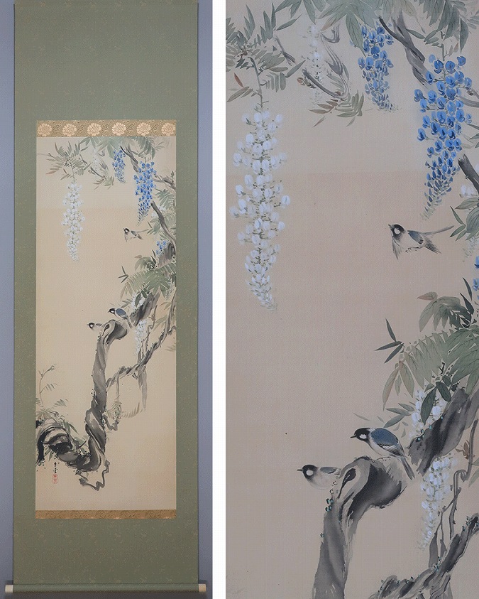 真作】野村松韵/新樹/新緑小禽図/掛軸/名家伝来/Z-897 真作】野村松韵