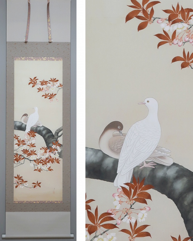 清水 桜花双鳩図 | 掛軸(掛け軸)販売／表装ご依頼は掛軸いっぷく掛軸