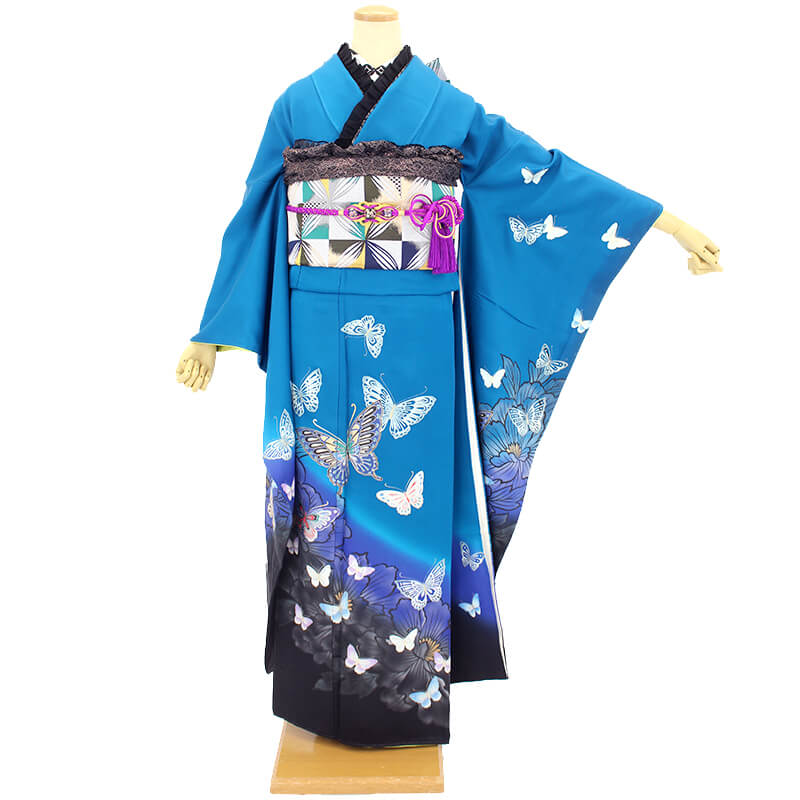 振袖レンタル｜成人式｜振袖 青 蝶々｜7010-00028｜着物レンタル