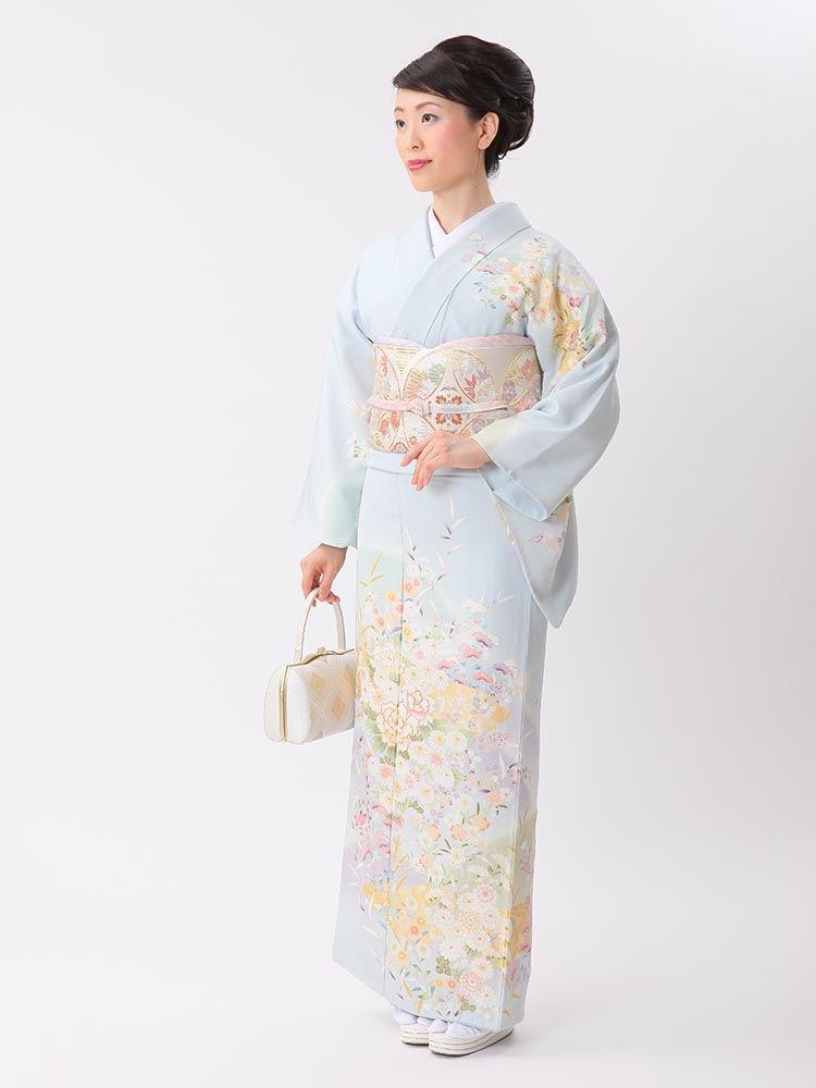 高級訪問着レンタル】HL-6 吉澤織物 水色 Lサイズ 花々｜KIMONO-PRO