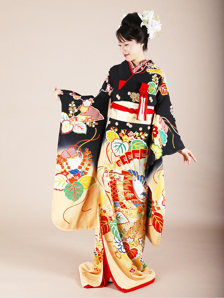 高級な黒引き振袖レンタル】hikifurisode-1 桐竹と檜扇の上質な引き