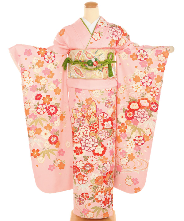 振袖レンタル｜ピンクに花と蝶｜F0461｜L｜宅配着物レンタル・一式フル