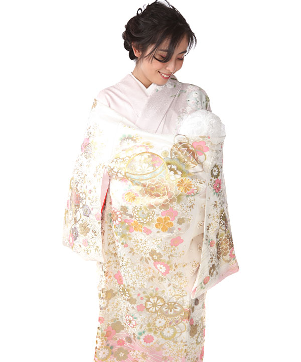 お宮参り産着レンタル 女の子｜白地にピンク 鞠や桜 金彩金駒刺繍