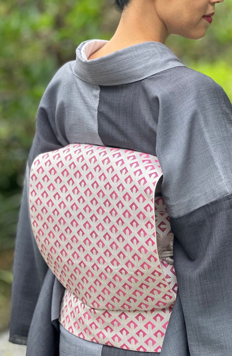 アゲ帯！博多織八寸名古屋帯 毘沙門亀甲 純白×ローズレッド [紅衣